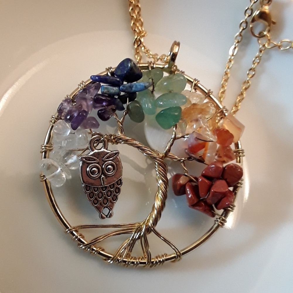 B8 NEW Gold Plated FullMoon Owl Tree of Life - Picture 1 of 4